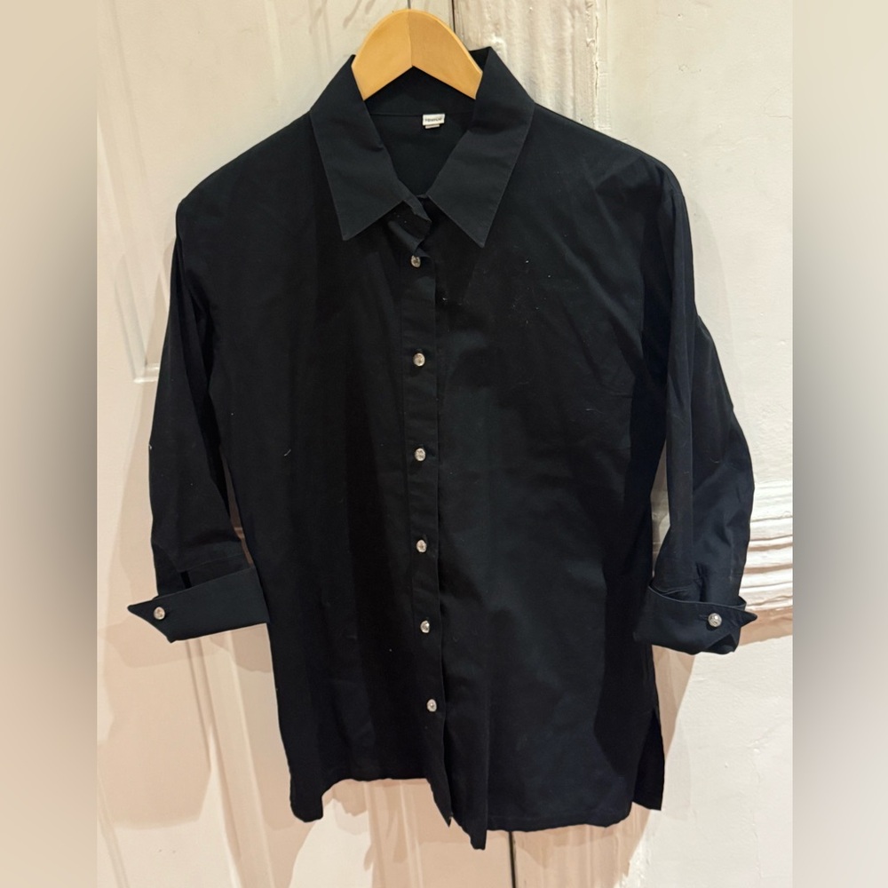 Yoni Yum black button up shirt with beaded buttons.